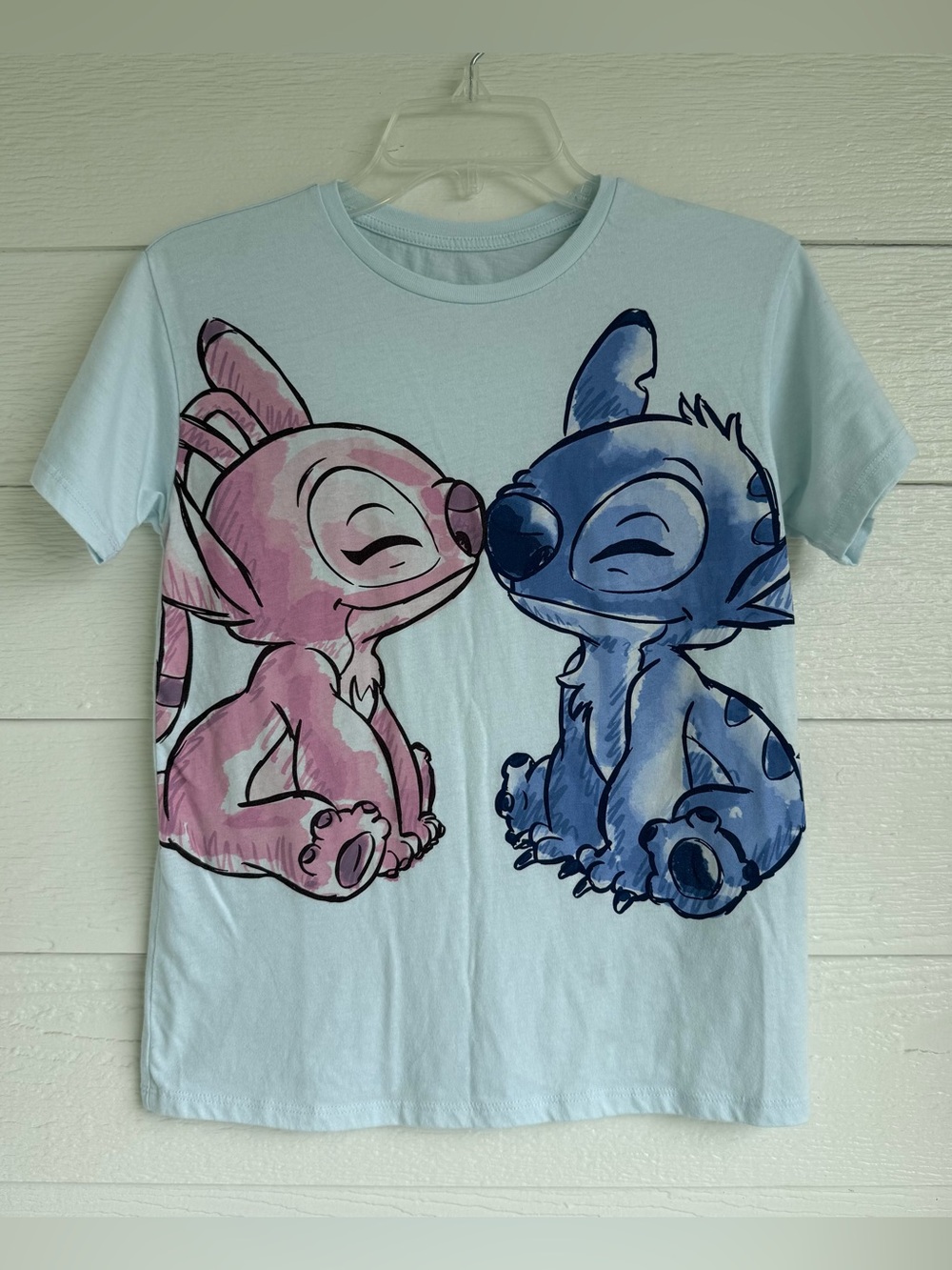 Disney Light Blue Kids Tee with Pink & Blue Stitch & Angel Graphic